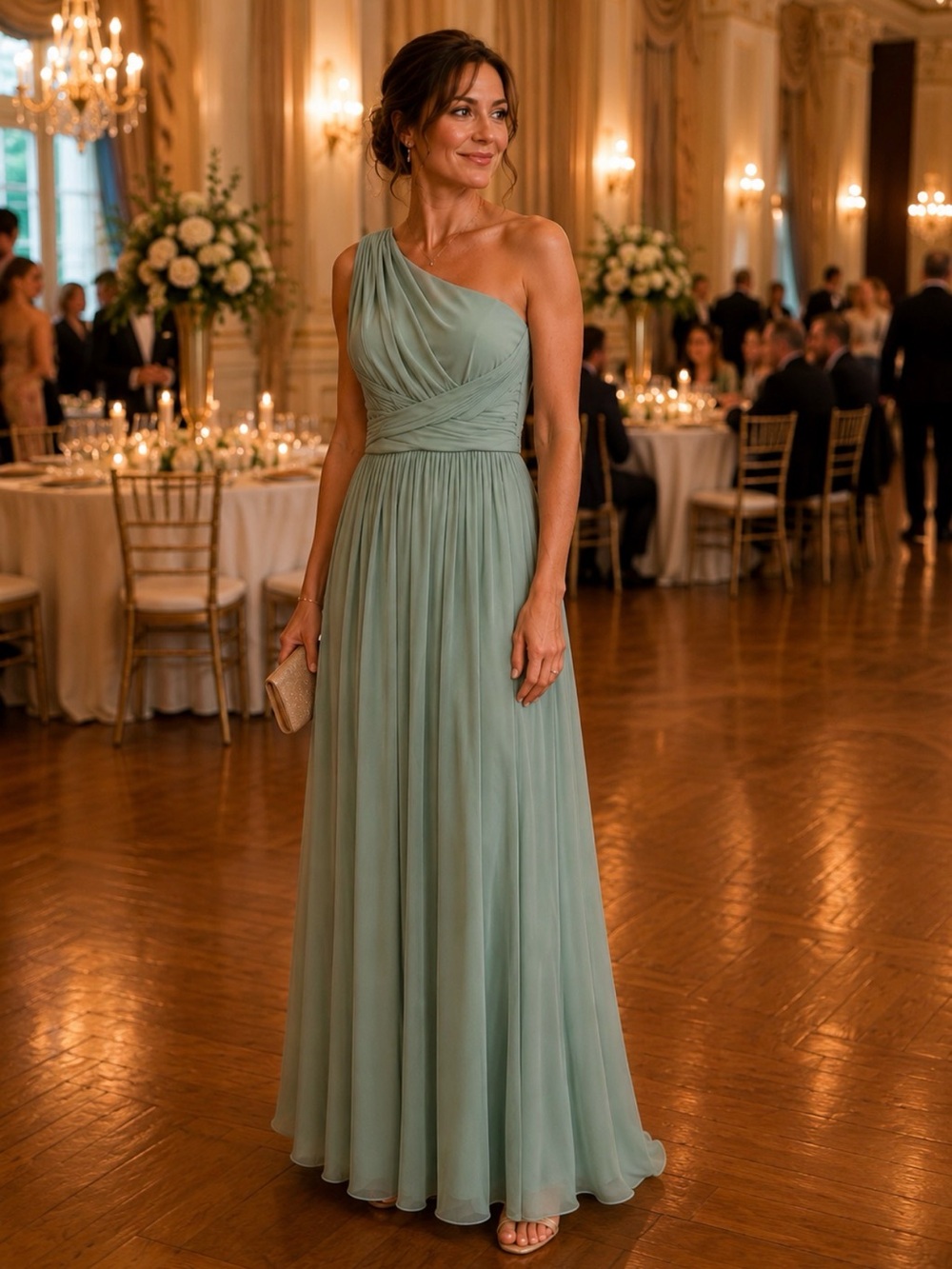 Db Studio Celebrate One-Shoulder Sage Green Evening Gown